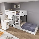 Grand espace de rangement :ce lit superposé intègre une armoire latérale, deux tiroirs de grande capacité et des étagères ouvertes pour ranger de manière organisée les vêtements,les jouets,les livres d'images et autres articles essentiels du quotidien. Cette conception offre non seulement un espace de rangement généreux, mais permet également de maintenir une chambre bien rangée et organisée tout en optimisant l'espace.