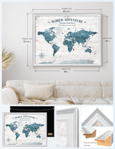 Image of IPIC - Large Personalized World Map Canvas Wall Art, Push Pin Travel Map with Custom Names to Track Your Travels, Vintage Teal Framed Wall Decor for Home, Office or RV, Made in USA