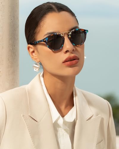 Image of CARFIA Small Face Acetate Polarized Sunglasses for Women UV Protection, Retro Double Bridge Eyewears Metal Brow Round Sunnies