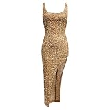 WEITING Abito da Donna con Paillettes Dorate Abito Lungo Senza Maniche Slim Fit Abito da Sera Sexy Senza Schienale per Donna-Oro-M