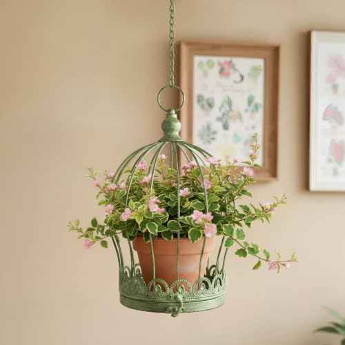 Support pour pot fleurs suspendu moderne style cage verte intérieur