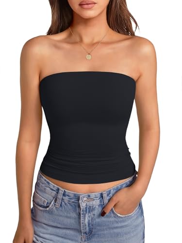 GKBK Womens Bandeau and Strapless Crop Top with Built in Bra Double Lined Padded Tube Top Y2K Going Out Summer Fashion Black-M