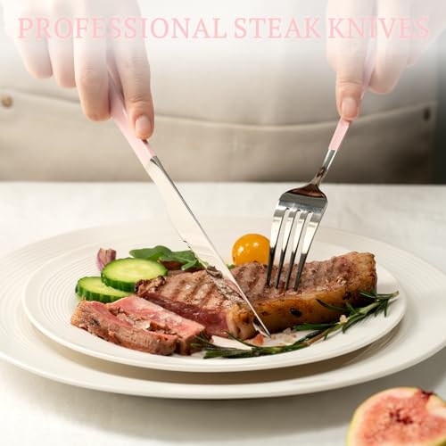 Image of Astercook Silverware Set with Steak Knives 24-Piece Flatware Set for 4 Food-Grade Stainless Steel Pink Cutlery Set Mirror Polished Utensils Set Include Spoons and Forks for Home Kitchen Restaurant