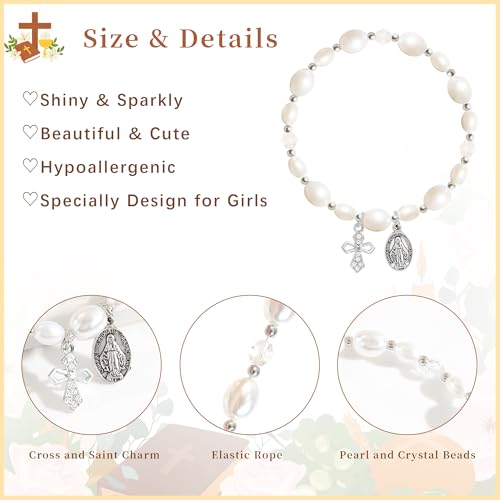 Image of BAYLAY First Communion Baptism Confirmation Gifts for Kids Girls - Cross Bracelet for Girls Pearl Bracelet First Communion Baptism Confirmation Bracelet