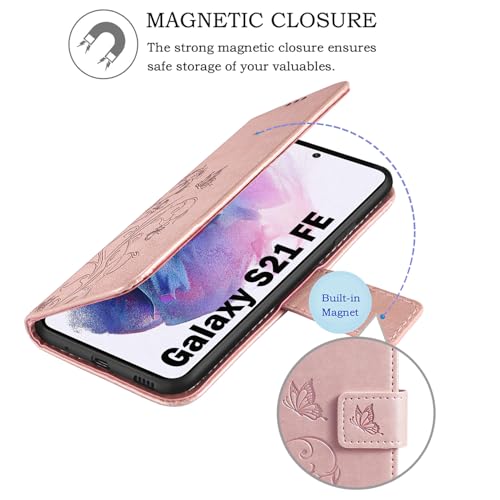 Case for Samsung Galaxy S21 FE, Premium Leather Flip Wallet Case Phone Cover for Samsung Galaxy S21 FE 5G (Rose Gold)