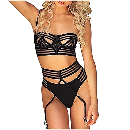 Women's Lace Lingerie Set with Garter Belt Sexy Fishnet Sheer Mesh Strappy Bra and Panty Set 3 Piece Babydoll Bodysuit