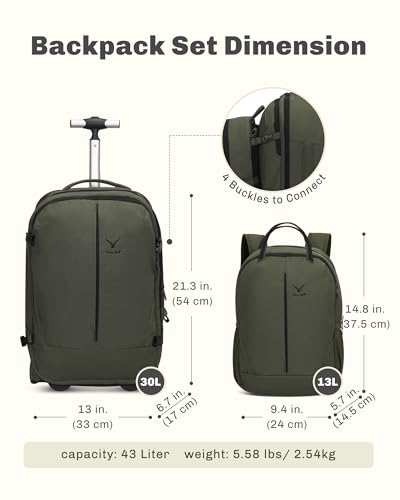 Image of Hynes Eagle 2 in 1 Travel Backpack Set Rolling Backpack with Wheels Carry on Luggage 43L with Personal Item Bag for Men Women 17 inches Laptop Backpack Dark Green