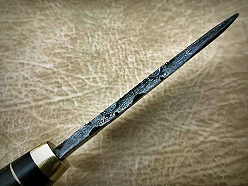 Damascus Steel Fixed Blade Knife With Leather Sheath, Round Wood Scale With Brass Finger Guard And Cap, 8 Inches Long Skinning Knife (Red) #TOP4