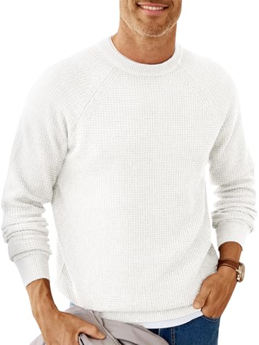 Runcati Mens Crew Neck Pullover Sweater Waffle Long Sleeve 2025 Fall Winter Thermal Textured Knitted Sweaters White