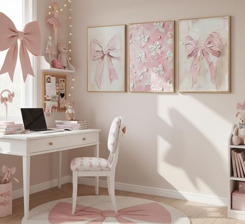 Image of 3Pcs Trendy Pink Bow Canvas Wall Art Vintage Cute Preppy Watercolor Bow Painting Pictures Wall Decor Posters Prints Girly Aesthetic for College Apartment Bedroom Decoration Unframed