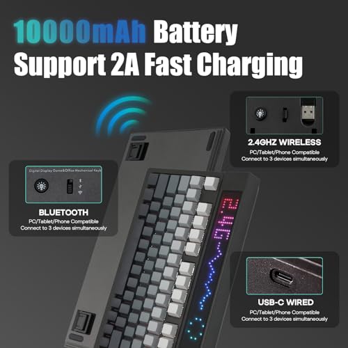 DynaTab75X Tastiera Meccanica con RGB Schermo Matrix custom. Gaming Tastiera Bluetooth/2,4 GHz/USB-C con Gasket, Hot-Swap, 10.000 mAh, ricarica rapida 2A (Grey, Flamingo Switch) - Tastiera gaming - Immagine 2