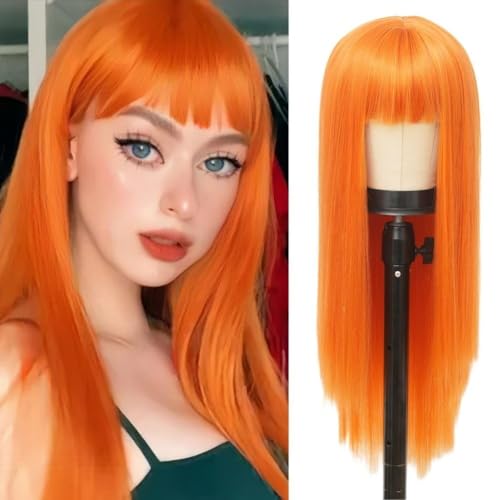 Siudus Orange Wig with Bangs Long Straight 28 Inch Wigs for Women Cosplay Synthetic Fibre Hair Wig for Halloween Party Anime Use