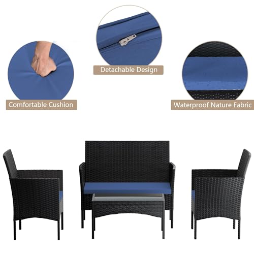 Image of 4 Pieces Patio Furniture Set Outdoor Conversation Set Rattan Furniture Set Wicker Chairs and Sofa with Glass Table for Porch Pool Backyard Garden,Navy Blue