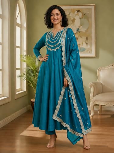 Image of Yashika Women's Silk Blend Embroidered Anarkali Kurta Set with Dupatta | Full Length Ethnic Wear for Women | Wedding