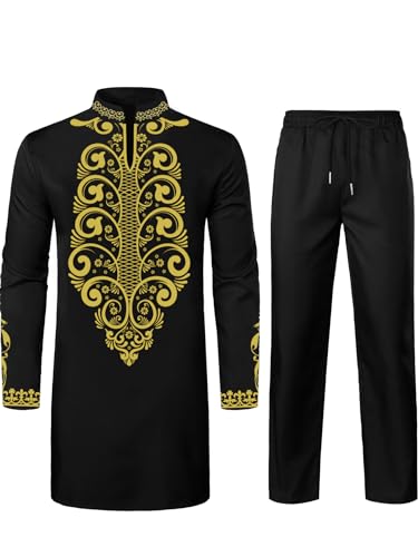 Daupanzees Mens African 2 Piece Set Long Sleeve Gold Print Dashiki and Pants Outfit Traditional Suit