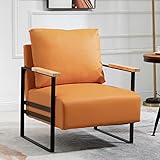 TTGIEET Modern PU Leather Accent Chair for Living Room, Arm Chair with Extra-Thick Padded Backrest and Cushion, Black Double Metal Frame, Reading Chair Living Room, Bedroom, Office (Orange)