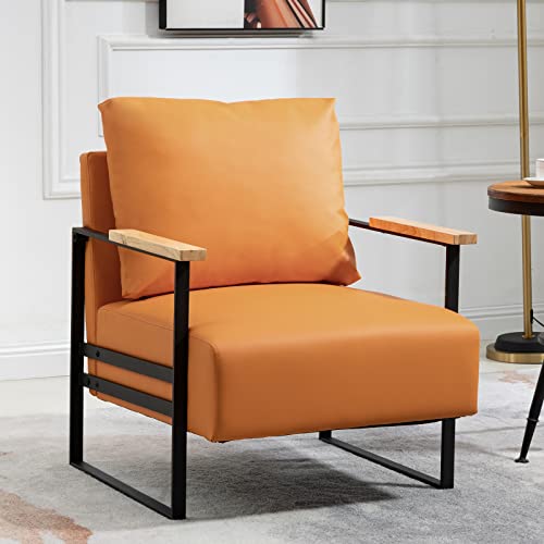 TTGIEET Modern PU Leather Accent Chair for Living Room, Arm Chair with Extra-Thick Padded Backrest and Cushion, Black Double Metal Frame, Reading Chair Living Room, Bedroom, Office (Orange)
