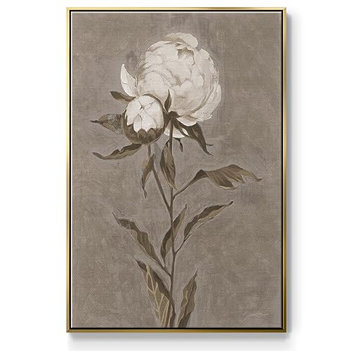 Renditions Gallery Canvas Flower Wall Art Modern Decorations Paintings Romantic White Peony Botanical Abstract Gold Floater Framed Artwork for Bedroom Office Kitchen - 17"x25" LT544