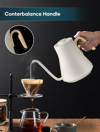 Image of INTASTING Gooseneck Electric Kettle with 1℉ Temperature Control, 0.9 Liter | Fast Heating, Stainless Steel Interior, for Pour Over Coffee, Tea & Boiling Water, Keep Warm, Auto Shut-Off, 1200W, Cream