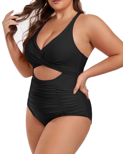 Plus Size One Piece Swimsuit for Women Tummy Control Bathing Suit Cutout High Waisted Tie Back 1 Piece Swim Suit4
