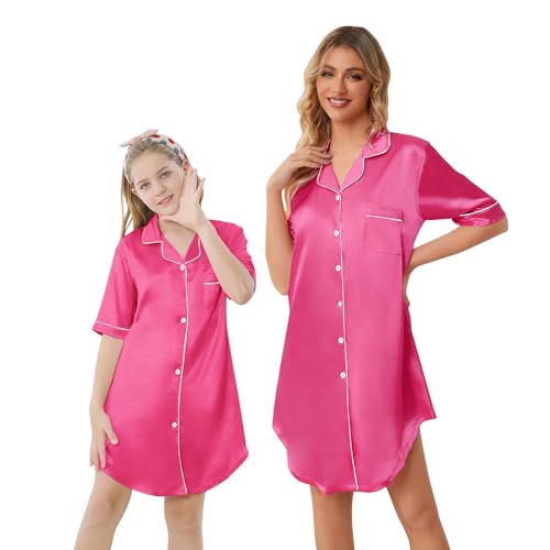 Schbbbta Girls Satin Nightgown Pajama Dress，Short Sleeve Button Down Silky Sleepwear, Rose Red，11-12 Years, 160