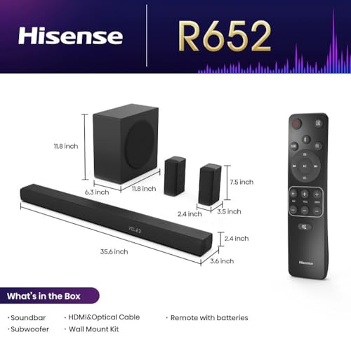 Hisense 5.1 Ch Soundbar with a Total of 440W Output, Rear Surround Speakers, 6.5” Wireless Subwoofer, Dolby Atmos and DTS Virtual X, Easy Connect - R652 (Renewed)