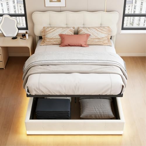 BRILVERDE Polsterbett 160x200 mit Stauraum, Doppelbett mit LED, Hydraulisches Stauraumbett, Funktionsbett mit Kopfteil, Bettgestell mit Lattenrost, Samt (Beige, 160 x 200 cm)