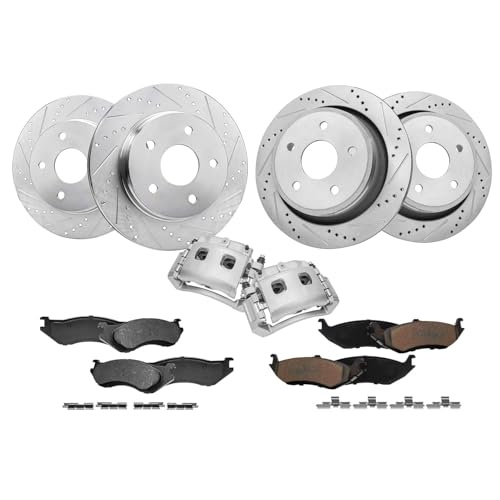 Image of Detroit Axle - Brake Kit for 2002-2005 Dodge Ram 1500, 2005-2006 Durango, Drilled Slotted Brake Rotors Ceramic Brakes Pads Front Brake Calipers Replacement [13.23 inch Front & 13.86 inch Rear Rotors]