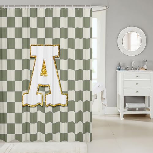 Image of Erosebridal Sage Green Checkered Shower Curtain 72 inch Wx72 L Plaid Initial A Bathroom Curtain Personalized Monogram Bathroom Accessories for Kids Adults,Fashion Grids Gingham Shower Decor