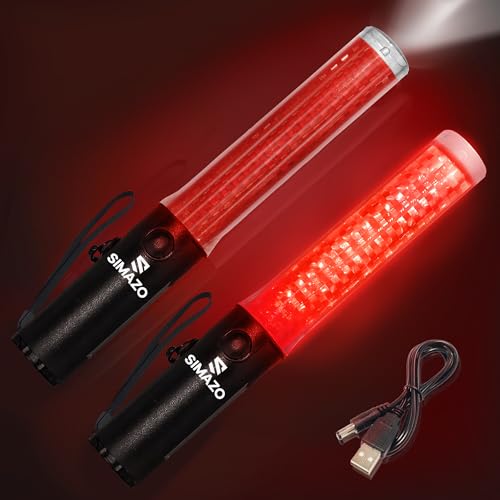 SIMAZO 2 Pack 10 Inch Rechargeable Traffic Signal Wand, Traffic Control Baton with White LED on Top, Air Marshalling Wand with 3 Flashing Modes for Airport, Car Directing