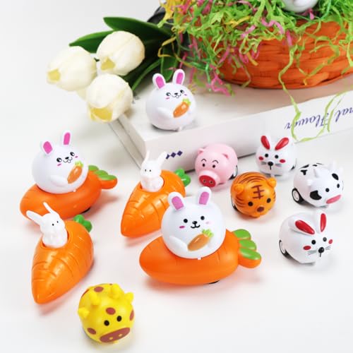 12 Stück Aufziehbare Hasen mit Karotte Set, Osterhasen als Mitbringsel, Kinder Ostergeschenk Aufziehspielzeug, Spielzeugauto Aufzugsauto Fahrende Hasen, Party Mitgebsel ideal für Jungen Mädchen