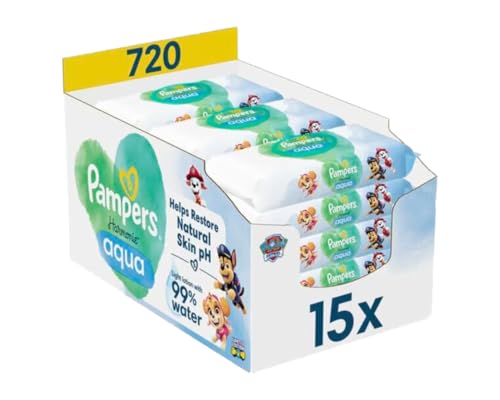Pampers Harmonie Aqua Baby Toallitas húmedas Paw Patrol, 15 paquetes de 48 toallitas húmedas, 720 toallitas húmedas para bebés que ayudan a restaurar el pH natural de la piel, loción ligera con un 99%