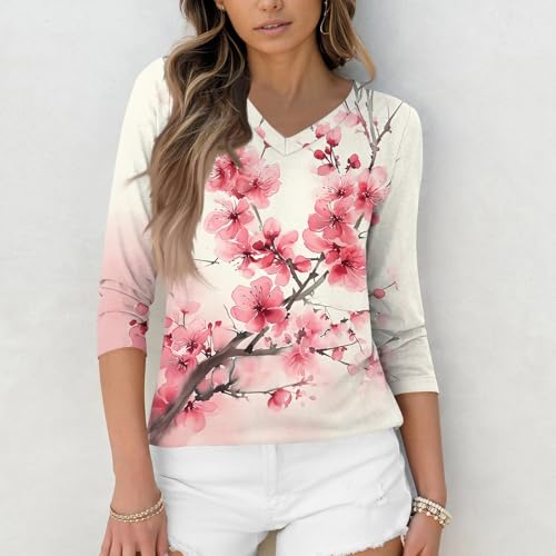 HTHLVMD Womens 3/4 Length Sleeve Tunic Tops Summer Fall Outfits 2025 Three Quarter Sleeve Casual V Neck T Shirts for Women