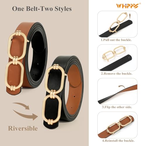 WHIPPY Women Reversible Leather Belts for Jeans Pants Fashion Skinny Belt Ladies Waist Belt with Gold Buckle3