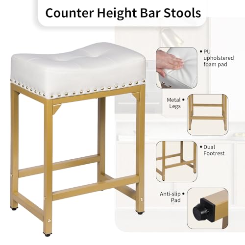 Image of Bar Stools Set of 2, Counter Height Bar Stools for Kitchen Island, 24 Inch Modern White & Gold Saddle Backless Barstools, Counter Stool with Metal Base & Thick Saddle Seats(White+Gold)
