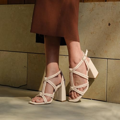 IDIFU IN4 Rhinestone Heels for Women Strappy High Chunky Block Heels Square Toe Slingback Dress Shoes Wedding Bridal Prom Party Heeled Sandals Dressy Sexy Sparkly Thick Heels3