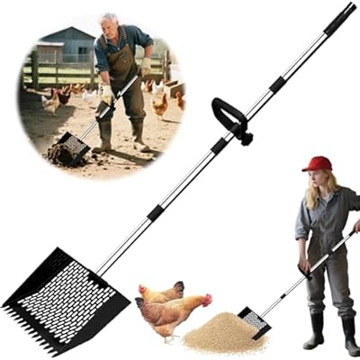 pdpdoc 2-in-1 Chicken Poop Scooper & Rake, 12" Wide 63" Long Large Metal Chicken Coop Scooper for Sand with Ergonomic Grip, Heavy Duty Sifting Shovel Rake for Beach, Farm, Garden & Yard Waste (Black)