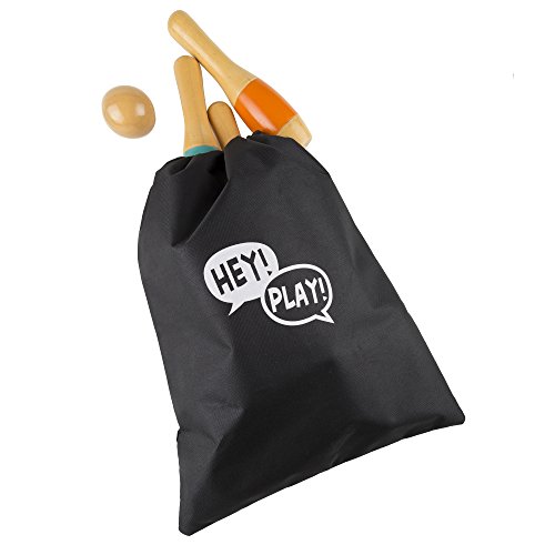 Lawn Bowling Game/Skittle Ball- Indoor And Outdoor Fun For Toddlers, Kids, Adults –10 Wooden Pins, 2 Balls, And Mesh Bag Set By Hey! Play! (9.5 Inch) #TOP3