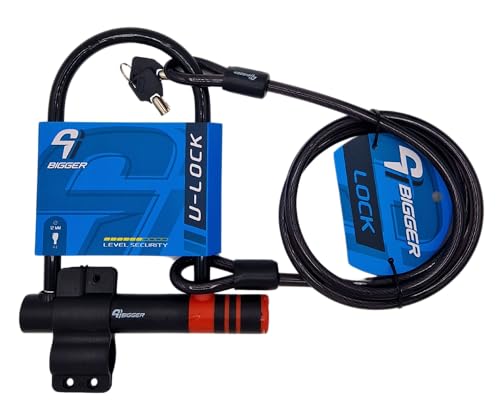 BIGGER - U Lock Cadeado 12 x 240 - Para bicicleta, patienete, e-bike. 2 chaves - aço de carbono. Inclui suporte para bicicleta + cabo 10 x 1800 mm