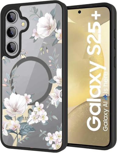 Image of VONZEE Compatible with Samsung Galaxy S25 Plus 5G Designer Case Luxury Retro Flowers Floral Clear for Magnetic Wireless Charging Case Shockproof PC+TPU Cute Glossy Shiny Cover for Girls Women, Black