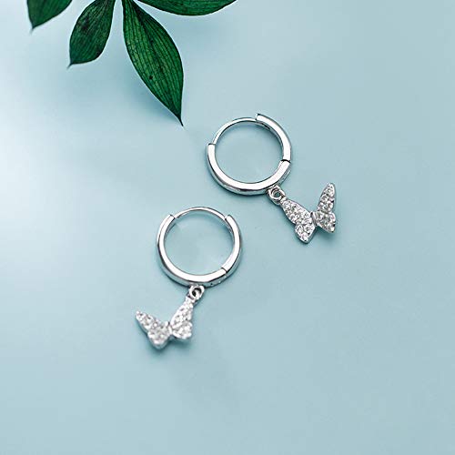 Dainty Butterfly Dangle Hoop Earrings 925 Sterling Silver For Women Girls Cute Cz Crystal Diamond Sparkly Charm Drop Cartilage Small Huggie Hoops 10Mm Fashion Jewelry Christmas Gifts Hypoallergenic (Silver) #TOP2