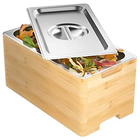 Komposteimer Edelstahl Biomülleimer mit Bambus-Außenseite, 6 Liter Bioabfallbehälter mit Deckel Abfallrecycling Kompostbehälter ohne Geruch Cover