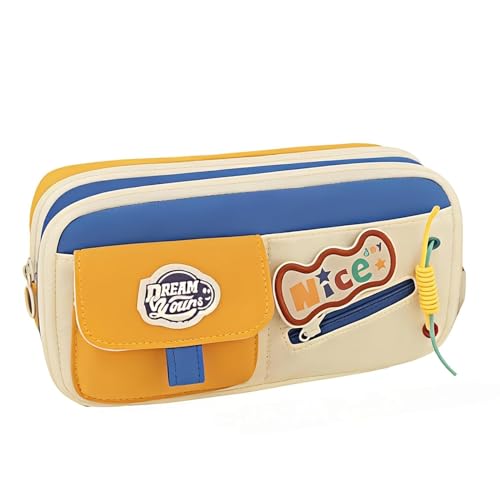 Image of Retro 6-Compartment Pencil Pouch for Students | Huge Spacious Multi-Layer Oxford Fabric Stationery Organizer | Zippered Pocket Case for School Best Gift Pouch