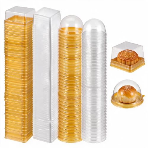 DOITOOL Clear Plastic Mini Cake Box 100 Pack Single Cupcake Container with Clear Lid Square Moon Cake Boxes Muffin Pod Dome Muffin Single Container for Holiday Wedding Birthday Supplies (Golden)