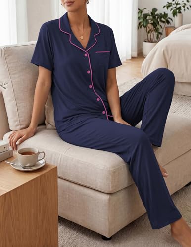 Image of ZMJ Womens Pajamas Sets 2 Piece Button Up Pj Sets Short Sleeve with Long Pant