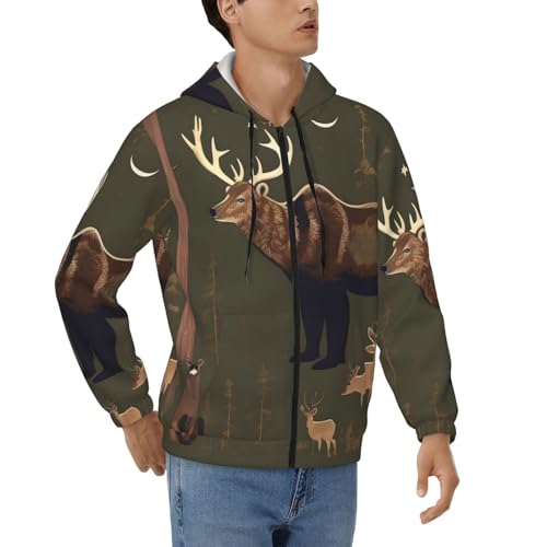 Pull à capuche homme motif cerf Lodge Bear sweat décontracté à manches longues et cordon gris