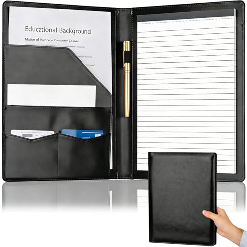 Padfolio Portfolio Binder Faux Leather Folder Resume Interview Legal Document Organizer Letter Sized Writing Pad w/Business Card Holder A4 Professional Folio for Office Conference (Black)