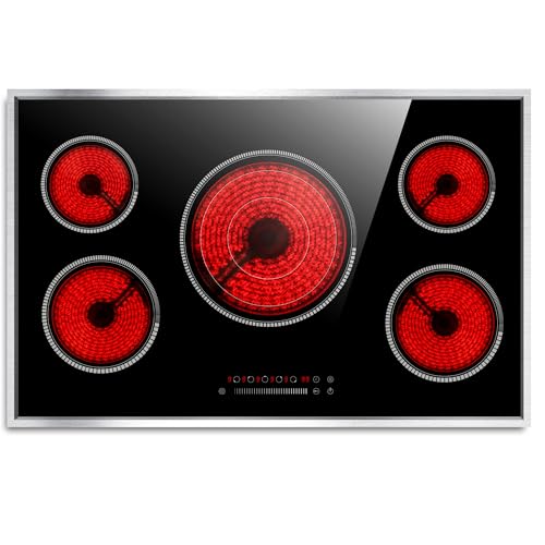 Image of 36 Inch Electric Cooktop, 5 Burner Stove Top with Slide Control | 9200W Electric Stove with Child Lock, Timer, Pause Function 36 inch Glass Cooktop, Sensor Touch, 220-240V Hard Wire, No Plug