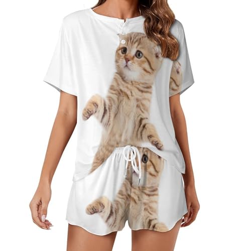 Pyjama pour femme manches courtes Chaton Debout ensemble deux pièces respirant
