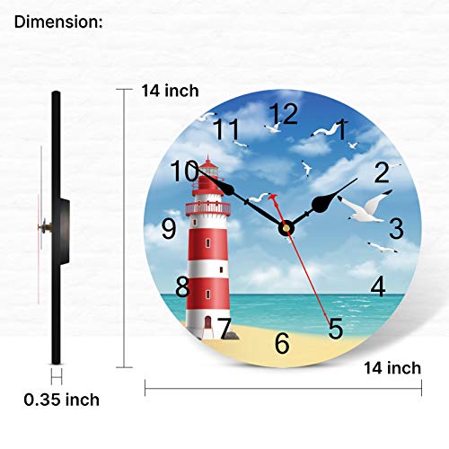 Image of TAHEAT Lighthouse Seagull Ocean Wall Clock, Wooden Battery Operated Clocks, Silent Non Ticking Easy to Read Wall Clock for Kitchen /Bedroom /Living Room, 14 Inch